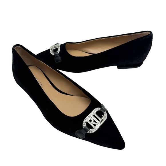 NEW Lauren Ralph Lauren | Lilah Black Velvet Crystal Logo Pointed Toe Flats - Picture 1 of 11